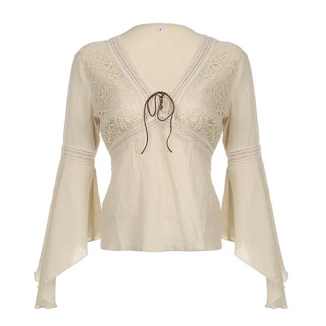 Ethnic Style Retro Plaid V neck Lace up Mesh Flared Long Sleeve Shirt Skin Color - Shop at LoveMi