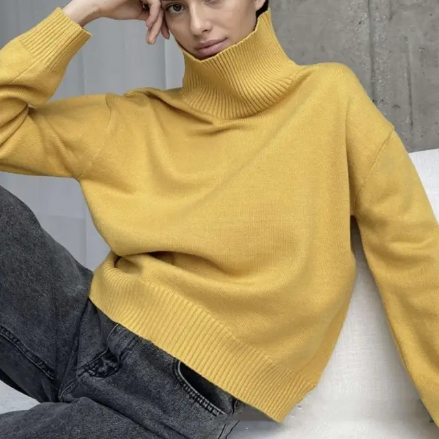 High Collar Loose Knitted Top Sweaters Women's Clothing Yellow - Shop at LoveMi