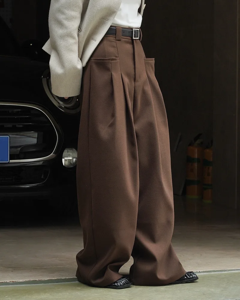 Korean Style Double Pleated Design Loose Casual Trousers Women - Coffee