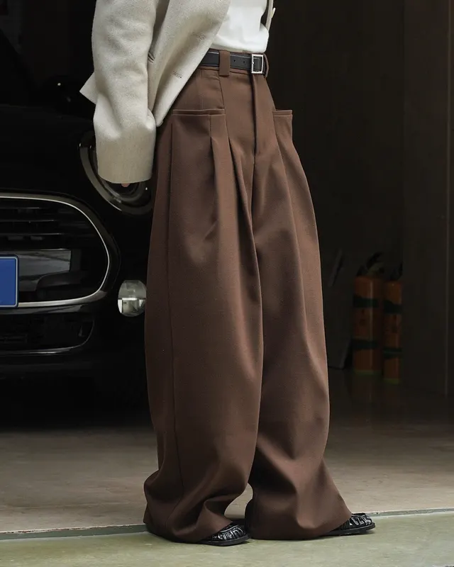 Korean Style Double Pleated Design Loose Casual Trousers Women Coffee - Shop at LoveMi