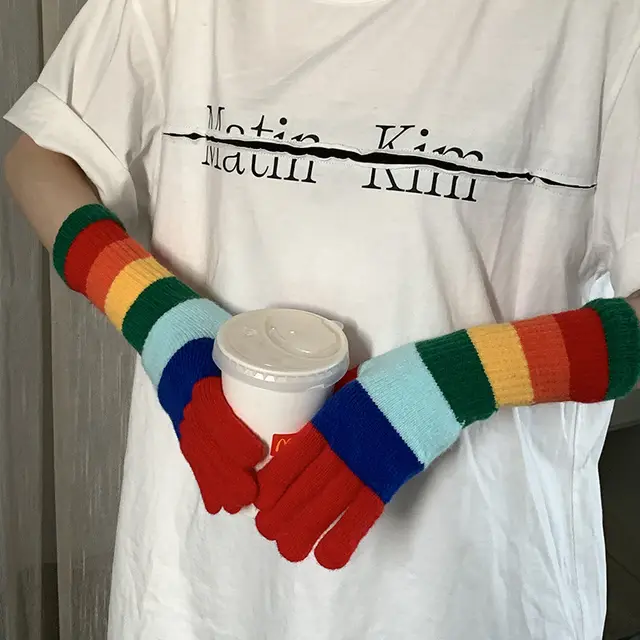Contrast Color Rainbow Gloves Knitted Wool Red Rainbow - Shop at LoveMi