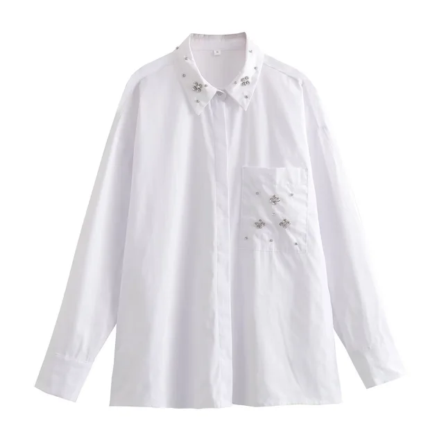 New Artificial Jewelry White With Lapel Cotton Poplin Shirt Top White - Shop at LoveMi
