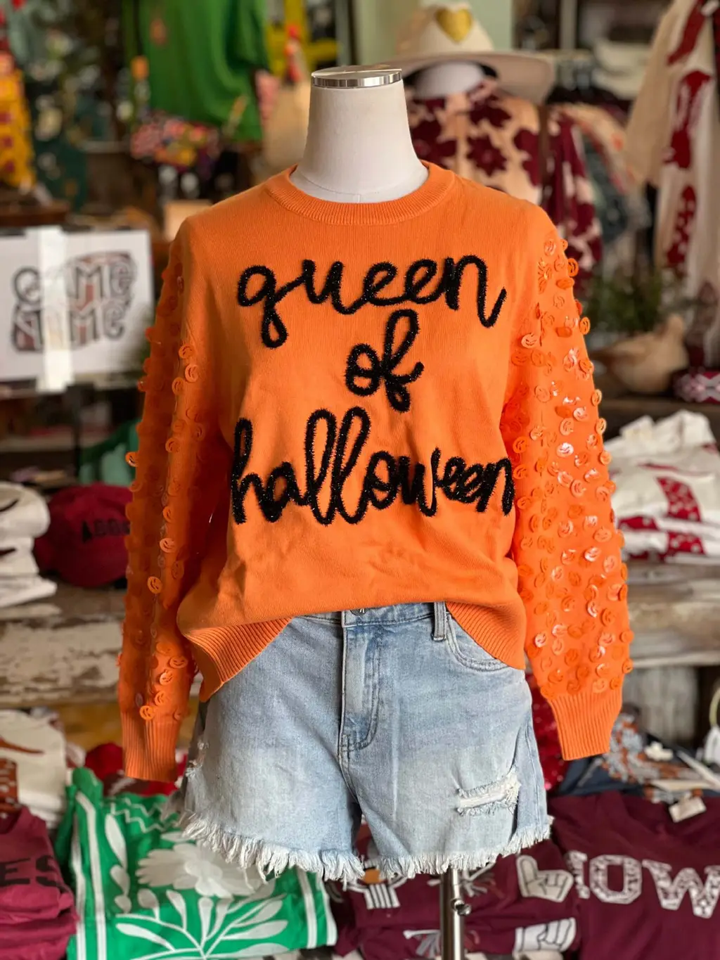 Pumpkin Sequins Design Sense Round Neck Loose Sweatshirt - Orange