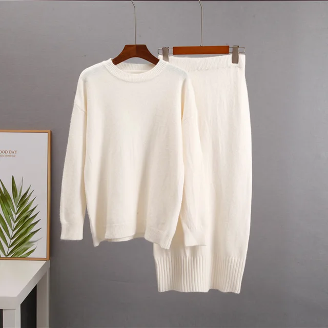 Women's Sweater Set Cardigan Loose Waistband High waisted Skirt Beige Round Neck - Shop at LoveMi