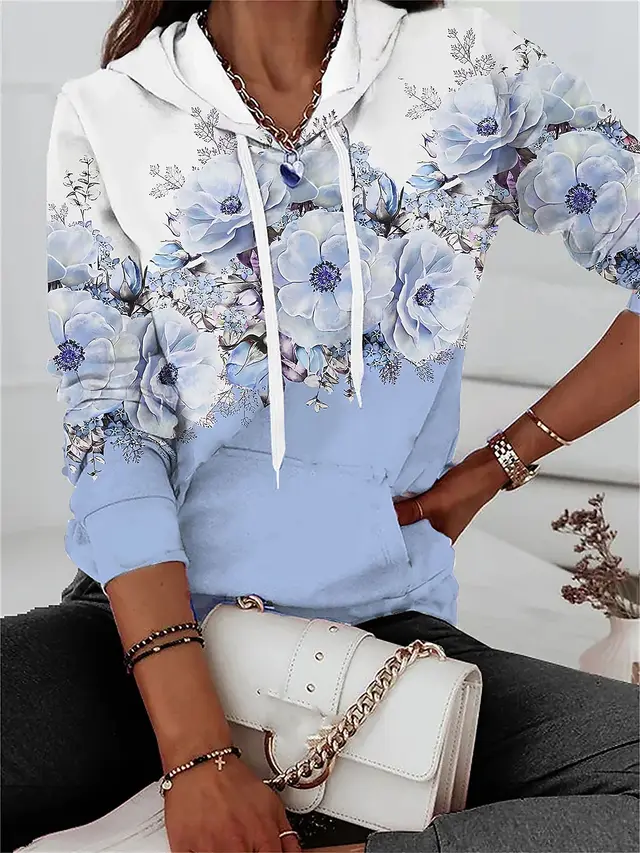 Hooded Sweater Floral Print Leisure Pullover Long Sleeve Blue - Shop at LoveMi