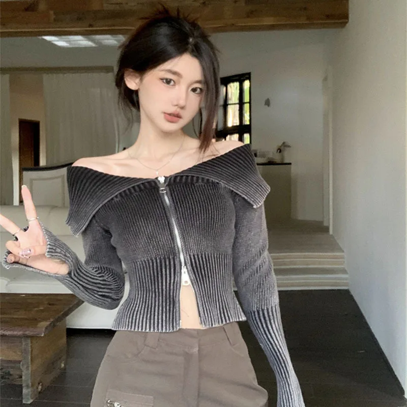 Autumn And Winter New Slim Vertical Striped Long Sleeve Knitted Cardigan Top Off the shoulder Cropped Sweater Coat Black - Shop at LoveMi