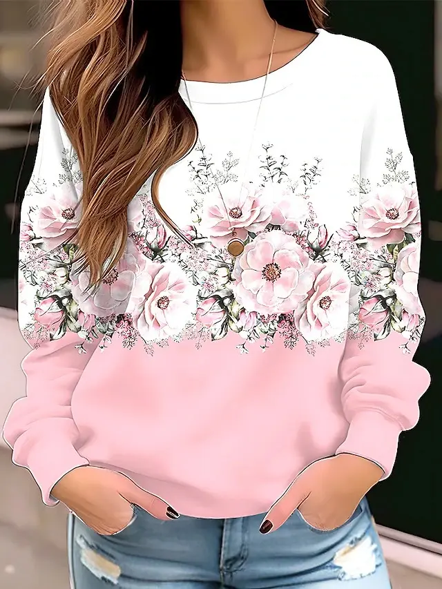 Pullover Sweater Floral Flower Round Neck Sweater Long Sleeve 4Color - Shop at LoveMi