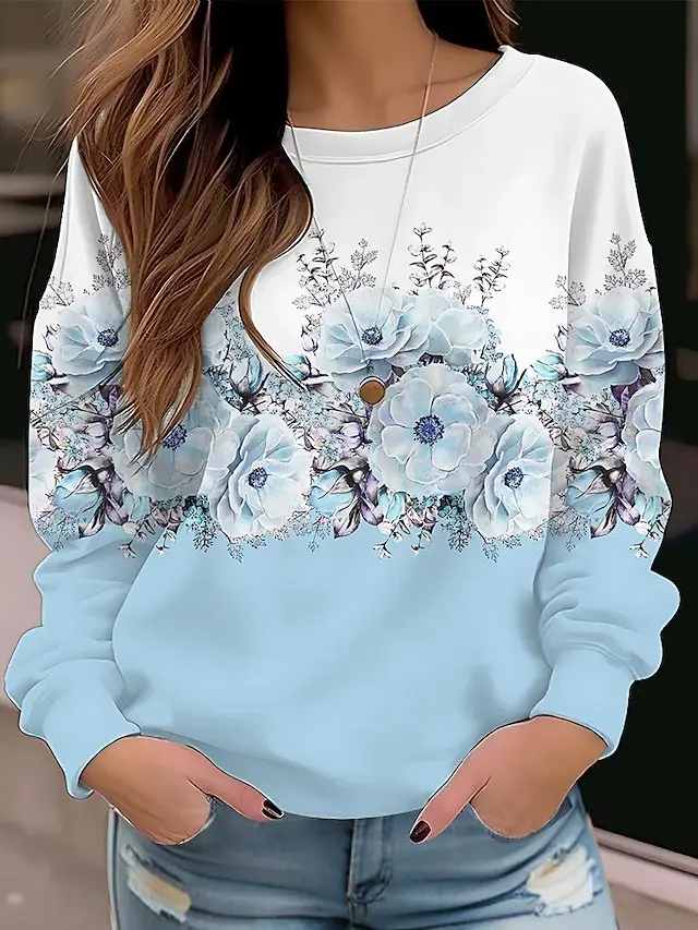 Pullover Sweater Floral Flower Round Neck Sweater Long Sleeve 6Color - Shop at LoveMi