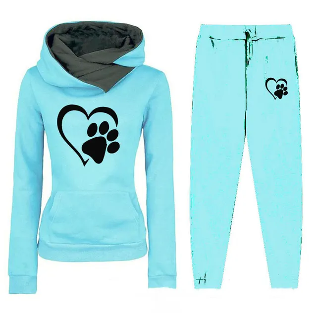 Fashion Heart Printing Fleece Casual Women's Suit Blue Black - Shop at LoveMi