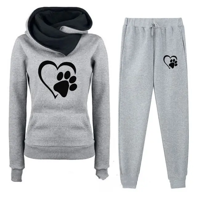 Fashion Heart Printing Fleece Casual Women's Suit Gray Black - Shop at LoveMi