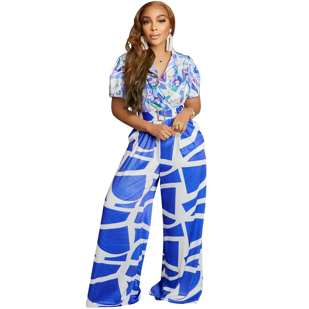 Printed Sexy Jumpsuit Wide Leg Pants - Blue