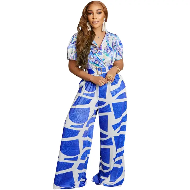 Printed Sexy Jumpsuit Wide Leg Pants Blue - Shop at LoveMi