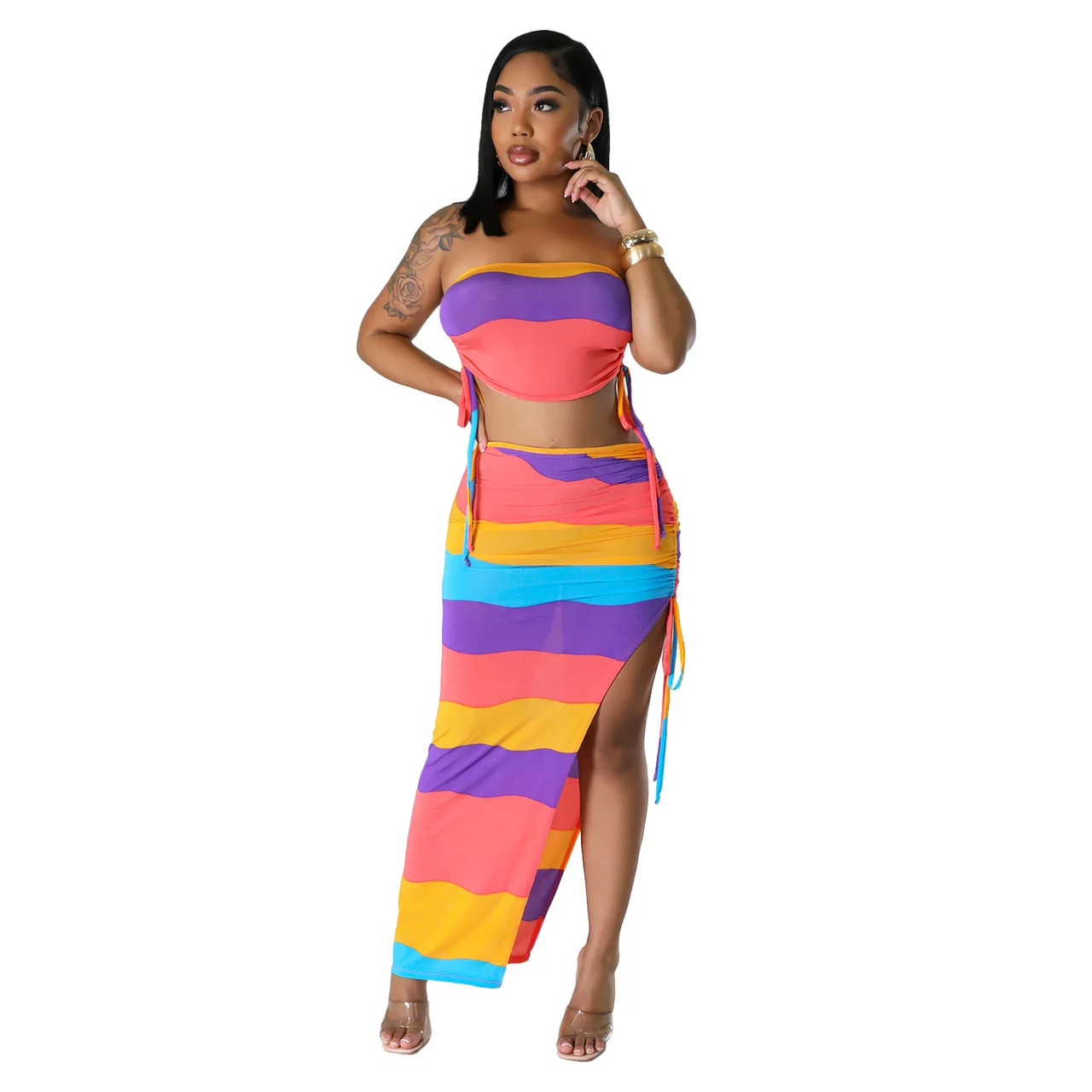 Chest-wrapped Two-piece Skirt Suit - Multicolor
