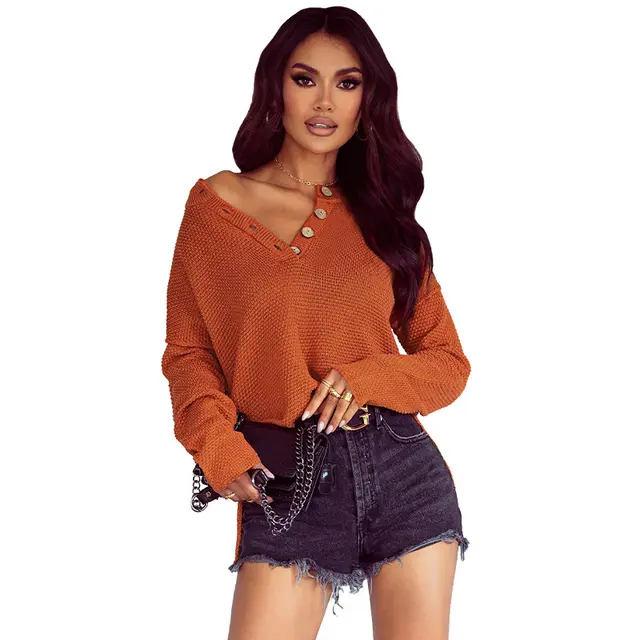 Female Solid Color Buttons Half open Collar Slim Fit Sweater Orange - Shop at LoveMi