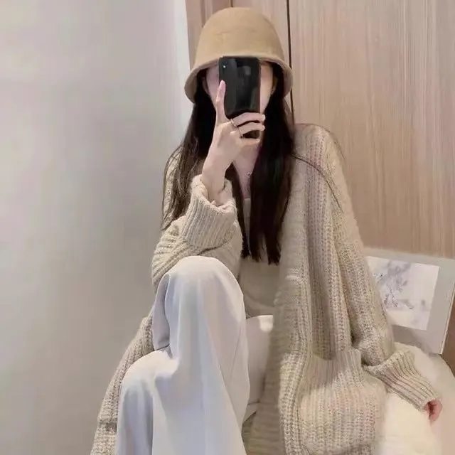 Women's All match Long sleeved Knitted Cardigan Apricot - Shop at LoveMi