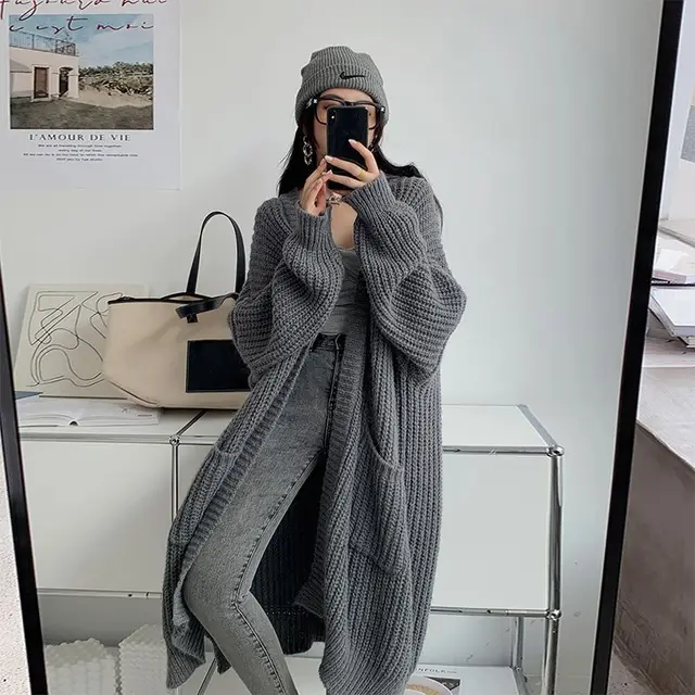 Women's All match Long sleeved Knitted Cardigan Gray - Shop at LoveMi
