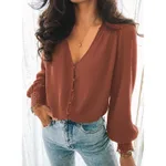 Solid Color Lace V-neck Single-breasted Shirt For Women - Brown