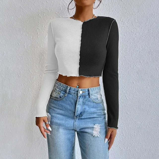 Color Contrast Patchwork Stitching Exposed Short Waffle Long Sleeve Black - Shop at LoveMi