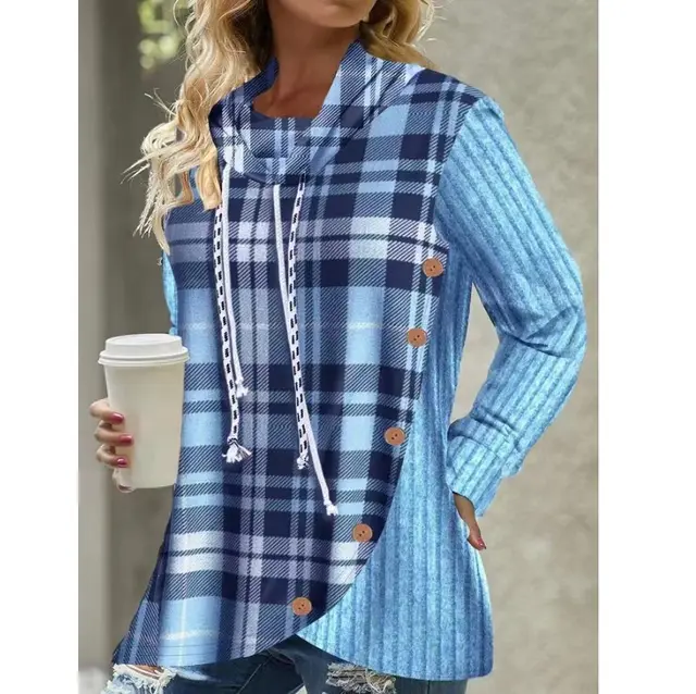 Long Sleeve Hooded Clothes Pullover Button Sweater Blue - Shop at LoveMi