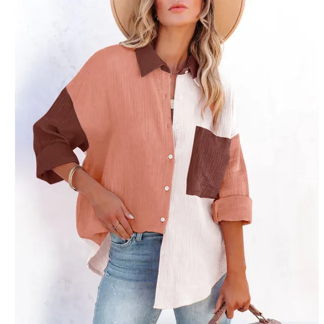 Women's Color Contrast Patchwork Drop shoulder Long sleeve Shirt Apricot And Bean Paste - Shop at LoveMi