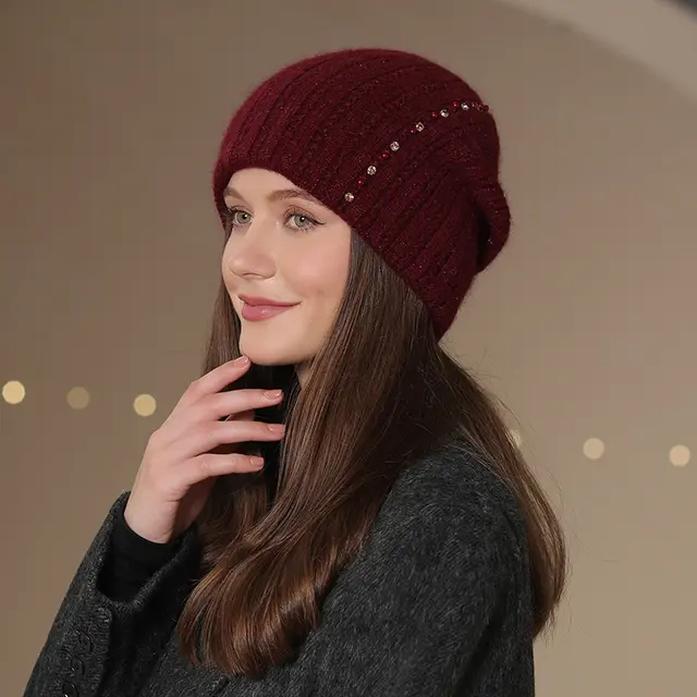 Knitted Wool Double layer Warm Hat Fashion Burgundy - Shop at LoveMi