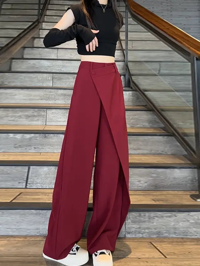 Plus Size Stitching Straight leg Trousers Women's Autumn Suit Pants Wine Red - Shop at LoveMi