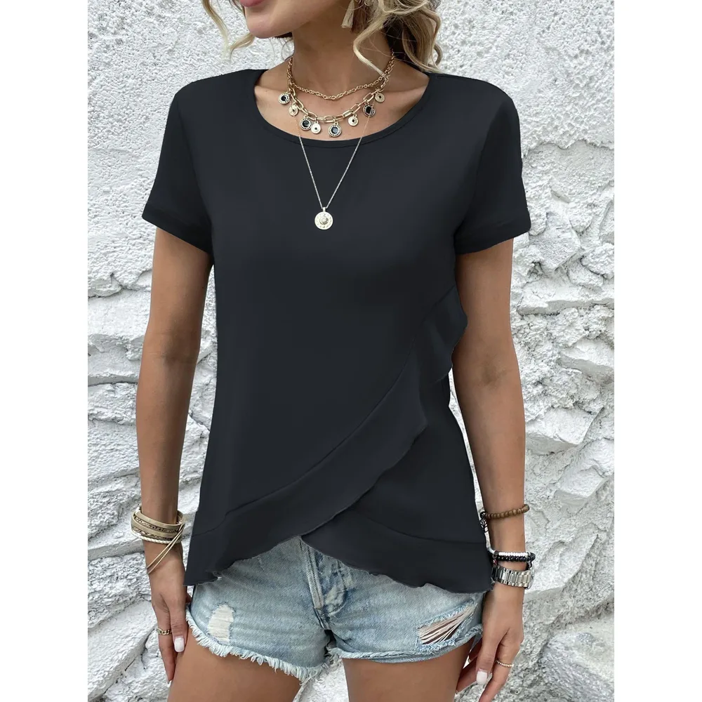 Women's Summer New Slim Fit Slimming Flounce Short Sleeve T shirt Top Black - Shop at LoveMi