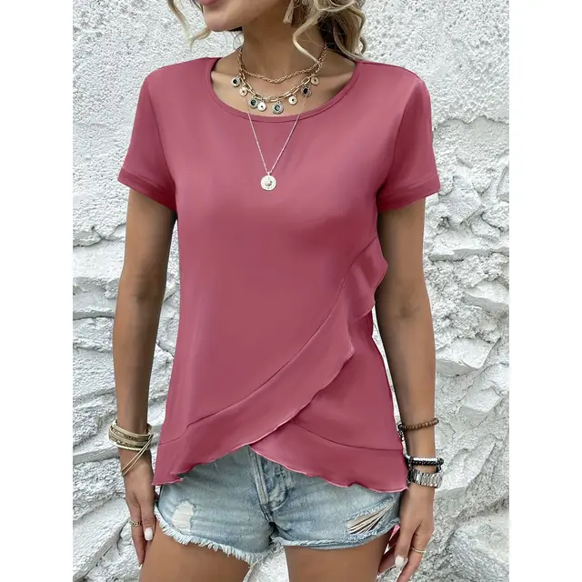 Women's Summer New Slim Fit Slimming Flounce Short Sleeve T shirt Top Brick Red - Shop at LoveMi