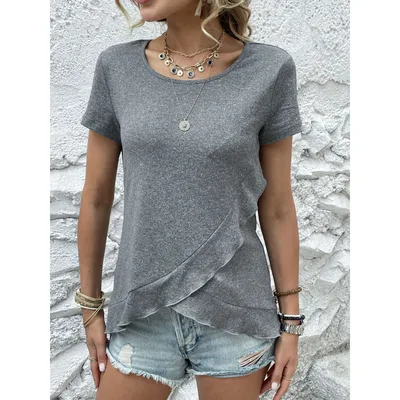 Women's Summer New Slim Fit Slimming Flounce Short Sleeve T shirt Top Gray - Shop at LoveMi