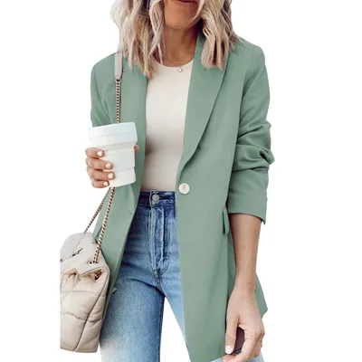 Single Button Small Suit Female New Solid Color Slim Waist Trimming Coat Green - Shop at LoveMi