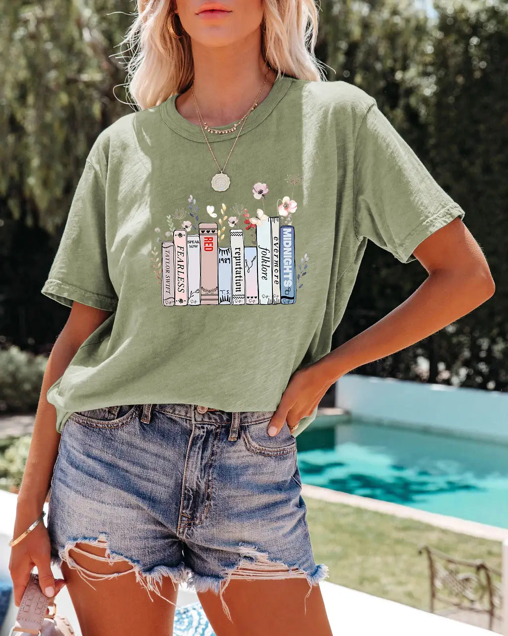 Summer New Book Flower T-shirt Cute Fashion Round Neck Pullover - Olive Green