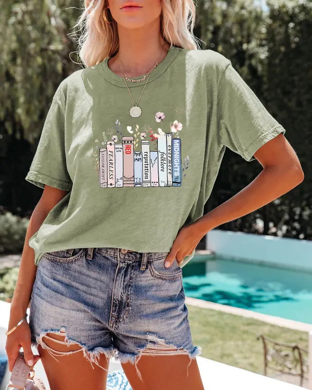 Summer New Book Flower T shirt Cute Fashion Round Neck Pullover Olive Green - Shop at LoveMi