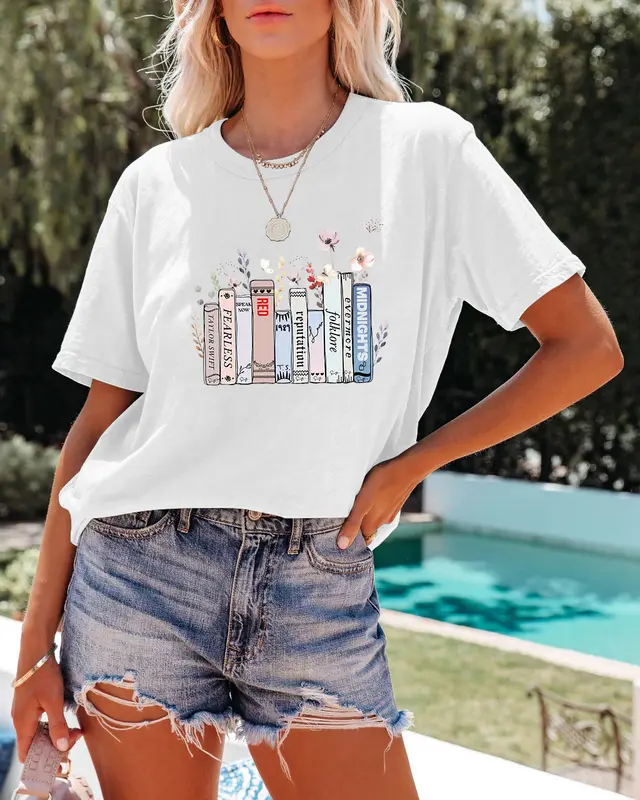 Summer New Book Flower T shirt Cute Fashion Round Neck Pullover White - Shop at LoveMi
