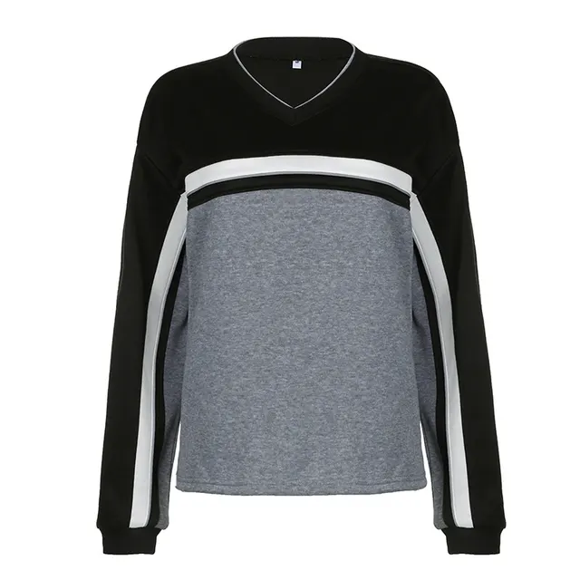 Women's Contrast Color Striped Stitching Small V neck Design Loose fitting Casual Pullover Female Gray - Shop at LoveMi