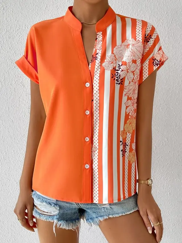 Women's Summer Button Cardigan Short Sleeve Shirt Orange - Shop at LoveMi