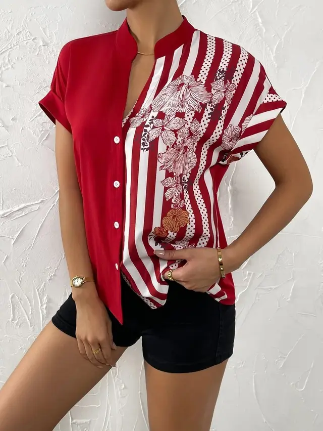 Women's Summer Button Cardigan Short Sleeve Shirt Red - Shop at LoveMi