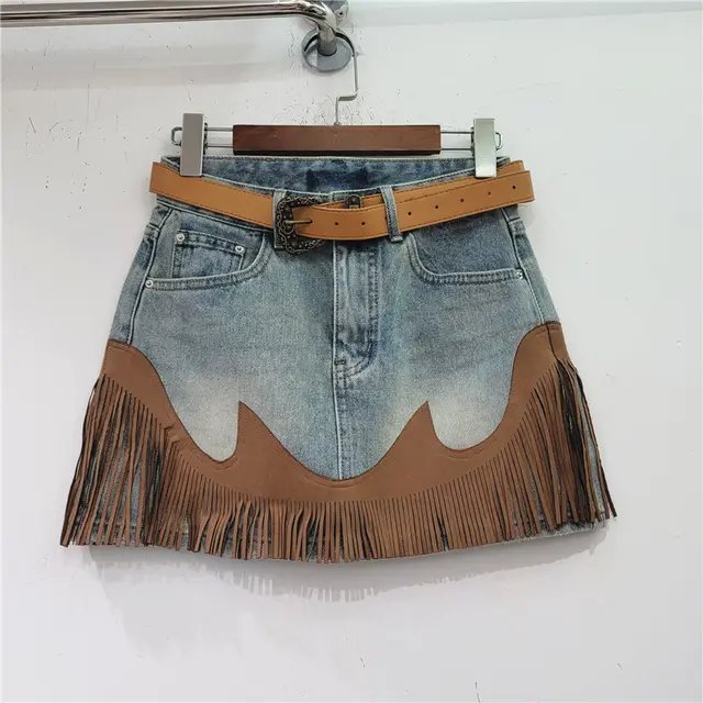 Retro Blue Tassel Denim Skirt Blue - Shop at LoveMi