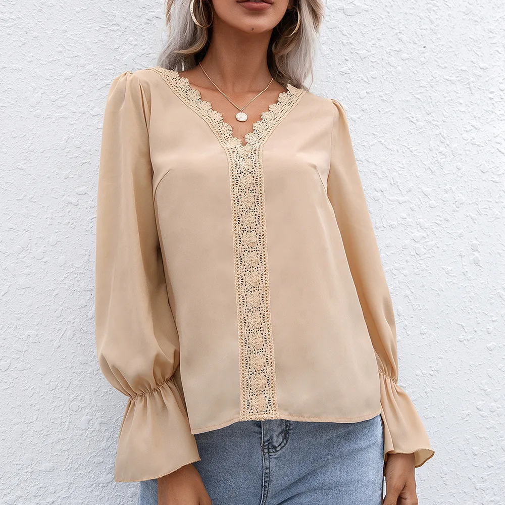 Women's Hollow Lace Long sleeved Shirt Apricot - Shop at LoveMi