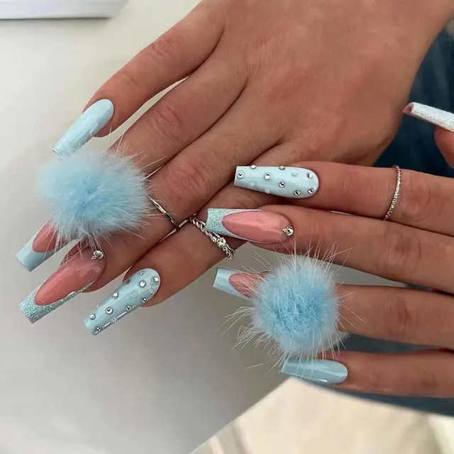 Cotton Candy Ball Diamond Wear Ballet Armor Gentle Girl Nail Sticker Fake Blue Fur Ball - Shop at LoveMi