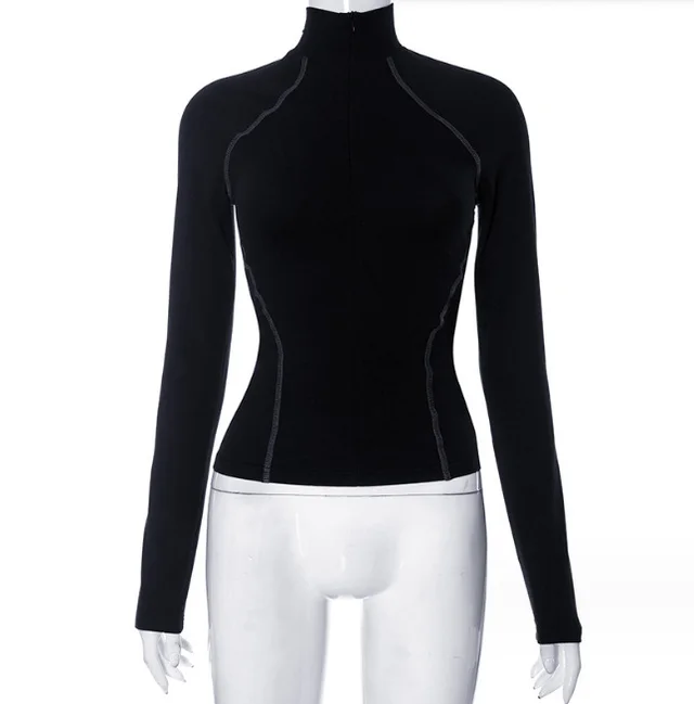 Women's Fashion Long sleeve Zipper Base All matching Top Black - Shop at LoveMi