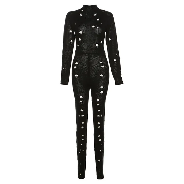 Autumn Women's Fashion Casual Knitted Ripped Hollow out Tight Jumpsuit Black - Shop at LoveMi