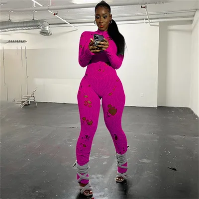 Autumn Women's Fashion Casual Knitted Ripped Hollow out Tight Jumpsuit Rose Red - Shop at LoveMi