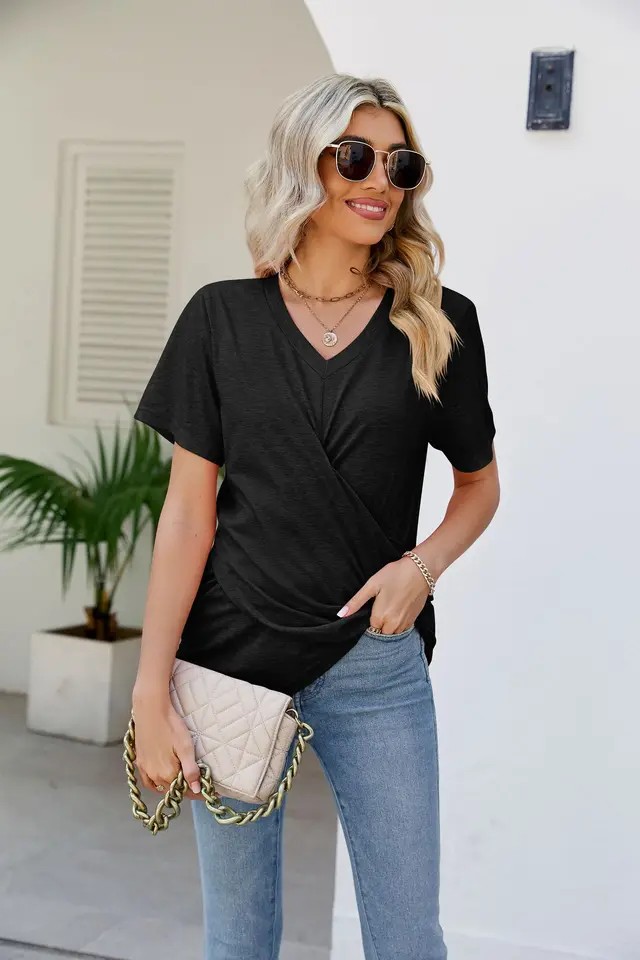 Summer Women's Twisted Top V neck Casual Short sleeved T shirt Black - Shop at LoveMi