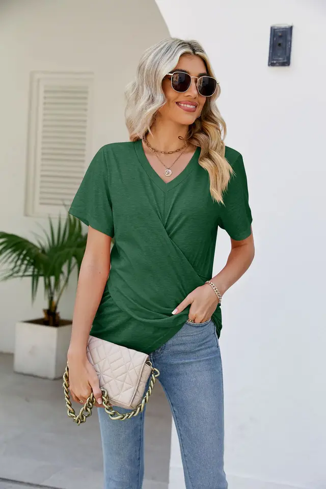 Summer Women's Twisted Top V neck Casual Short sleeved T shirt Dark Green - Shop at LoveMi