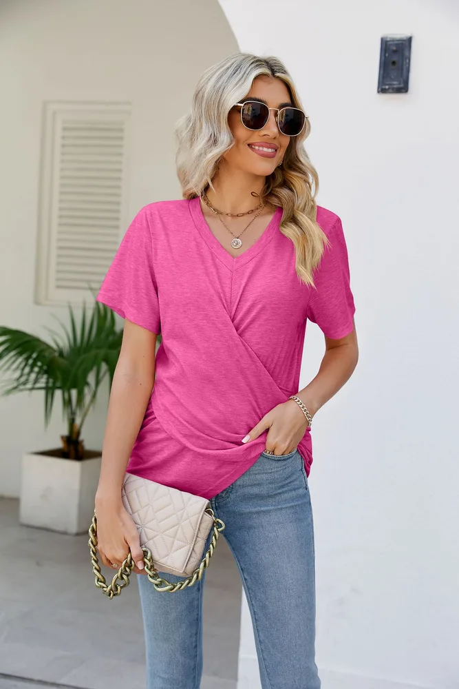 Summer Women's Twisted Top V-neck Casual Short-sleeved T-shirt - Rose Red