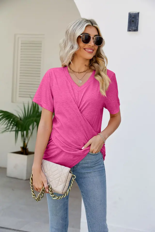 Summer Women's Twisted Top V neck Casual Short sleeved T shirt Rose Red - Shop at LoveMi