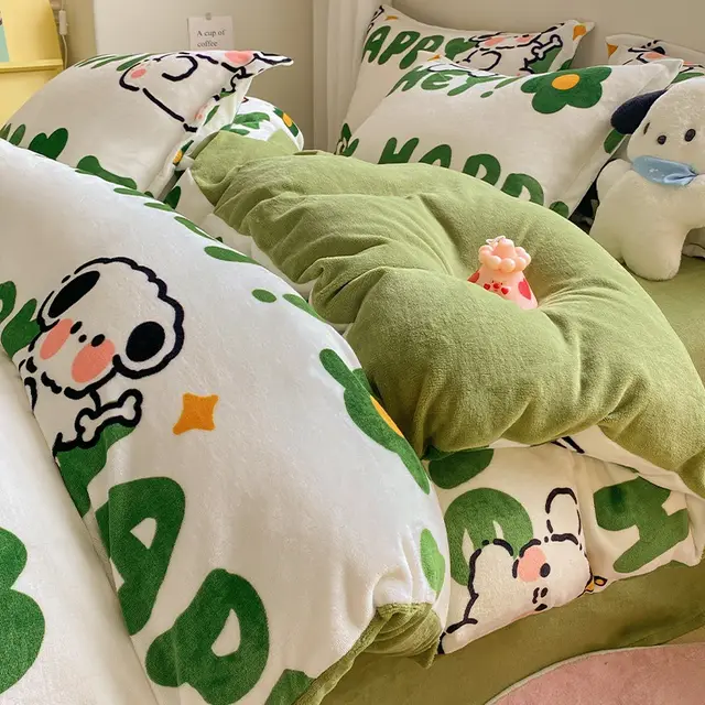 Winter Thickening Milk Fiber Bed Four piece Coral Velvet Quilt Cover Flange Double sided Bed Sheet Three piece Bedding Letter Cute Pet - Shop at LoveMi
