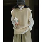 Women's Fashion Solid Color Wool Round Neck Knitted Vest - Beige