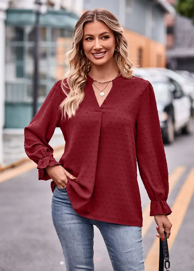 V neck Loose Long Sleeve Umbrella Sleeve Top Purplish Red - Shop at LoveMi