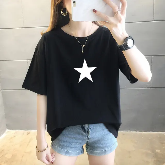 Summer New Pure Cotton Short Sleeve T shirt Women's Korean style Round Neck Printed Wear Top Black - Shop at LoveMi